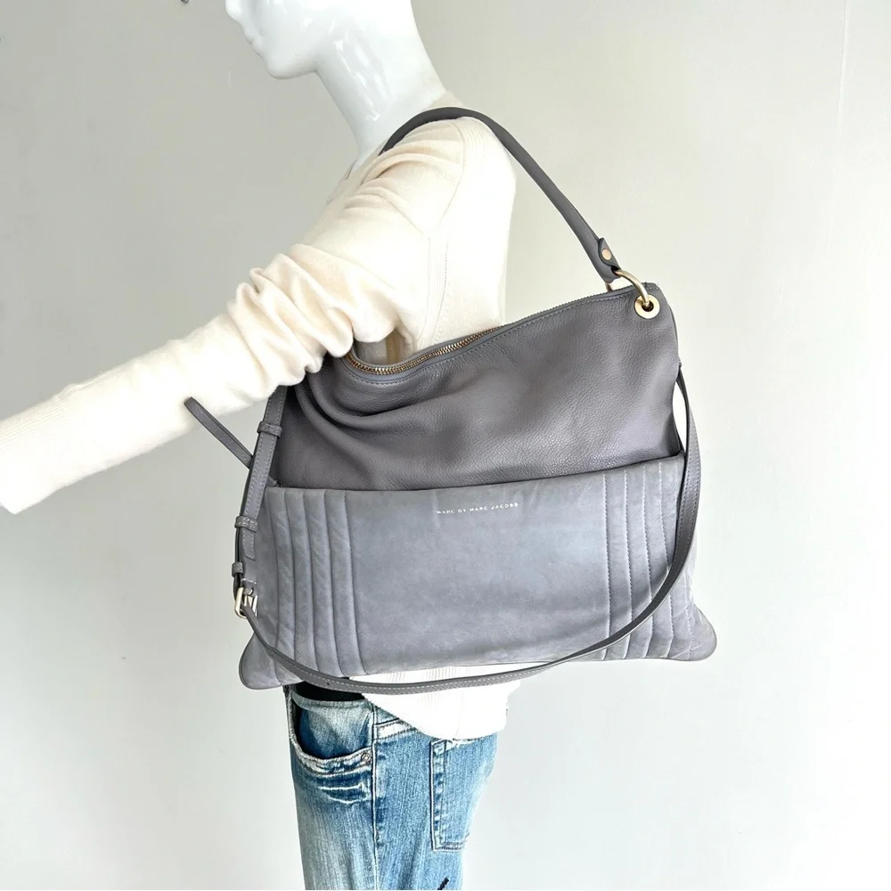 MARC by MARC JACOBS Tread Lightly Grey Leather Suede Crossbody Shoulder Hobo Bag